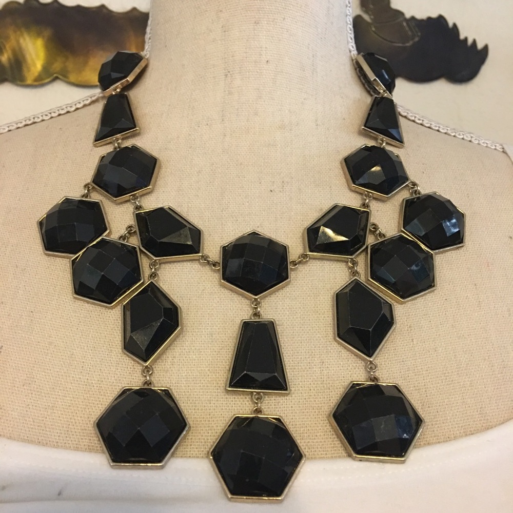 Large black geometric faceted stone chandelier necklace